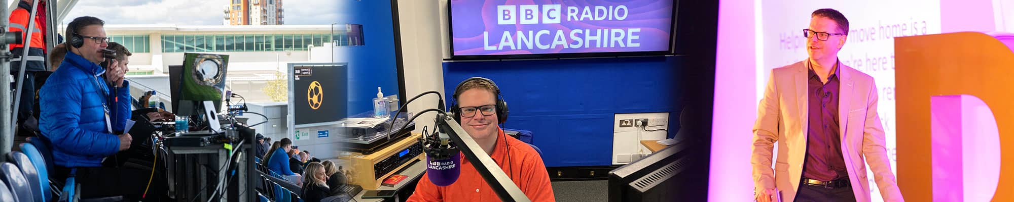 Photos of Chris Mallaband on football commentary, as a presenter on BBC Radio Lancashire and hosting a corporate event